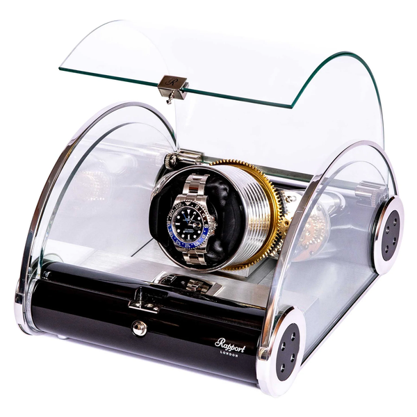 Rapport-Designer-Crystal-Glass-Case-The-Time-Arc-Single-Watch-Winder-W190-Open