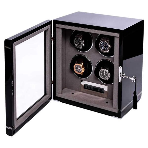 Rapport-Piano-Black-Wooden-Formula-Quad-Watch-Winder-W554-Open