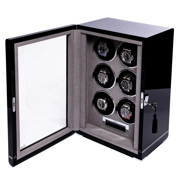 Rapport-Piano-Black-Wooden-Formula-Six-Watch-Winder-W556-Open